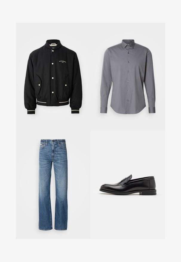 Černá bomber bunda s ribovaným límcem, zapínáním na patentky, dvěma bočními kapsami a bílými pruhovanými akcenty na manžetách a spodním lemu.; Šedá košile s dlouhým rukávem na knoflíky vyrobená z hladké bavlny. Má klasický límec a zaoblený lem s šesti tmavými knoflíky vpředu.; Modré džíny z denimu s rovnou nohavicí, vysokým pasem a jemným vyblednutím. Obsahují zapínání na knoflík a zip, a klasický pětikapsový design.; Černé kožené polobotky s hladkou texturou, zaoblenou špičkou a zdobným páskem přes nárt. Nízký stohovaný podpatek, minimalistický design.