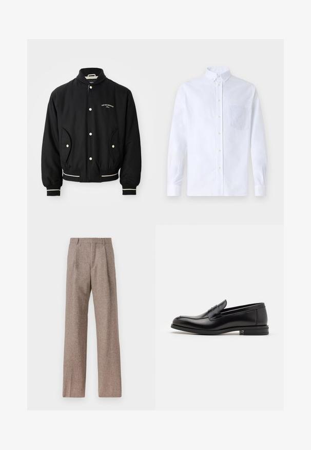 Črna bomberska jakna z rebrastim ovratnikom, zapenjanjem na gumbke, dvema stranskima žepoma in belimi črtastimi poudarki na manšetah in robu.; Bela dolgo rukava srajca s kragnico, izdelana iz bombaža, z žepom na prsih in toniranimi vezeninami ter gumbi na manšetah.; Rjave hlače z visokim pasom, izdelane iz teksturirane tkanine. Imajo široke noge in dve sprednji pregibi za strukturo. Urejen zaključek brez vidne strojne opreme.; Črne usnjene loafer čevlje z gladko teksturo, zaobljenim nosom in dekorativnim trakom čez zgornji del. Nizka zložena peta, minimalističen dizajn.