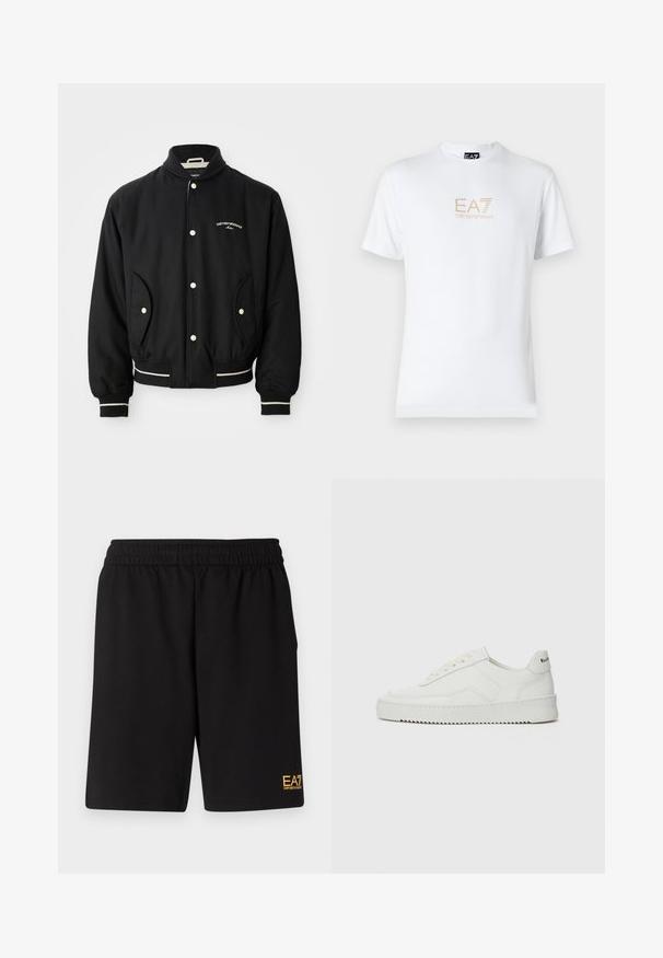Čierna bomber bunda s rebrovaným golierom, zapínaním na patentky, dvoma bočnými vreckami a bielymi pruhmi na manžetách a dolnom okraji.; Biela bavlnená tričko s okrúhlym výstrihom a krátkymi rukávmi, na prednej strane s potlačou zlatého loga EA7 Emporio Armani.; Čierne športové šortky vyrobené z jemného materiálu, s elastickým pásom a malým žltým logom EA7 na dolnej ľavej nohe.; Biele kožené tenisky s hladkým povrchom, okrúly špičkový dizajn, ploché šnúrky a textúrovaná podrážka. Obsahujú jemné logo na päte.