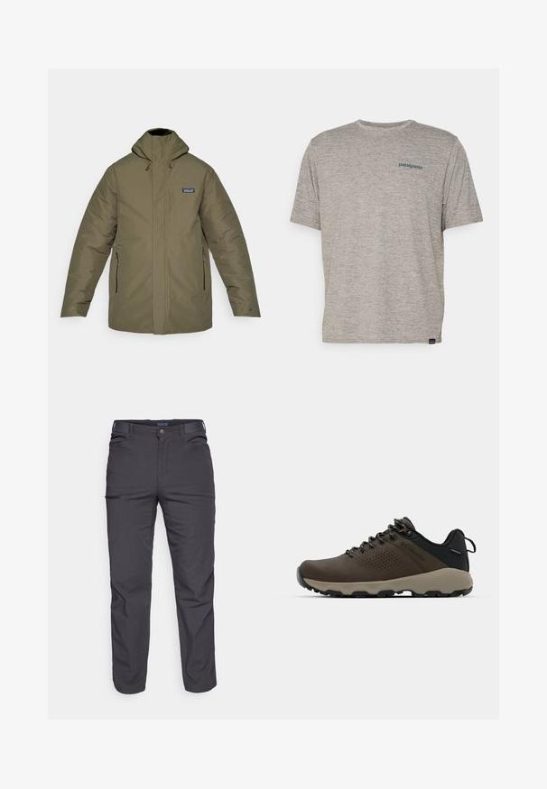 Olajzöld szigetelt kabát kapucnival, elülső cipzáras zsebekkel és egy mellzsebbel. Simább textúrával rendelkezik, és állítható kapucni zsinórokkal van ellátva.; Szürke, rövid ujjú póló, puha, textúrált anyagból, bal mellkason egy kicsi kék Patagonia logóval. Nincsenek egyéb minták.; Sötétszürke nadrág tartós anyagból, zipzáros zsebbel, egyenes szabású és övhurkokkal az állítható illeszkedéshez.; Barna vízálló sportcipők texturált felsőrésszel, perforált díszítésekkel, fekete saroktámasszal és szürke gumi talppal. A cipőfűzők fém végződésekkel vannak ellátva.