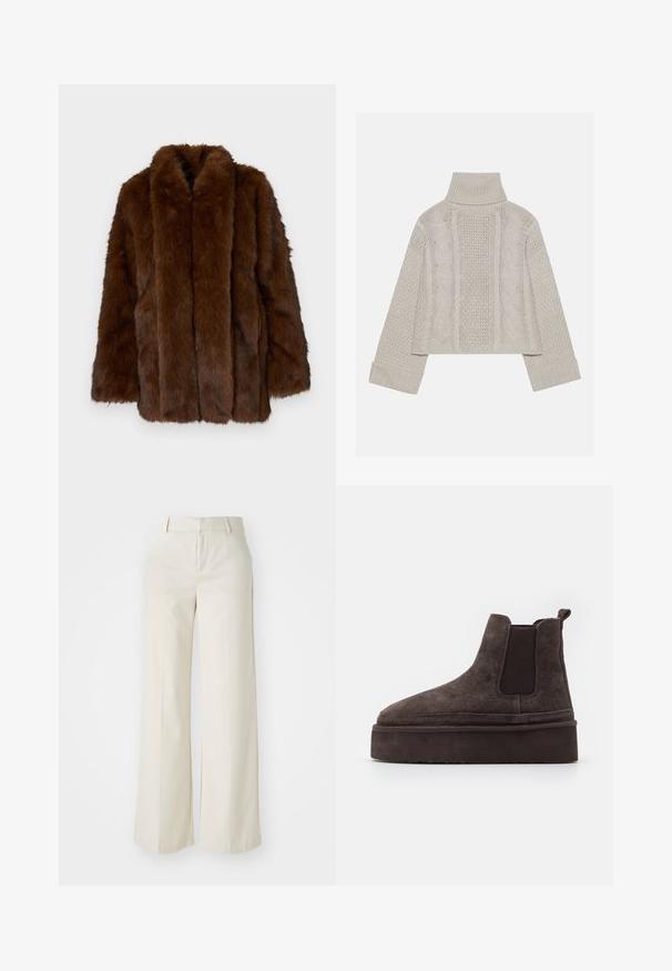Veste en fausse fourrure brun au toucher moelleux, avec un large col et des manches longues. Présente des coutures verticales et des poches latérales.; Pull en tricot gris clair, court, avec un col montant et des poignets côtelés, présentant des motifs en relief en câble sur le dos et sur les côtés.; Pantalons évasés de couleur beige clair, fabriqués dans un tissu lisse. Dotés d'une taille classique et d'un devant plat aux lignes épurées.; Bottes Chelsea en suède marron avec des panneaux latéraux élastiques et une semelle épaisse et texturée. Elles comportent une languette au talon pour un enfilage facile.
