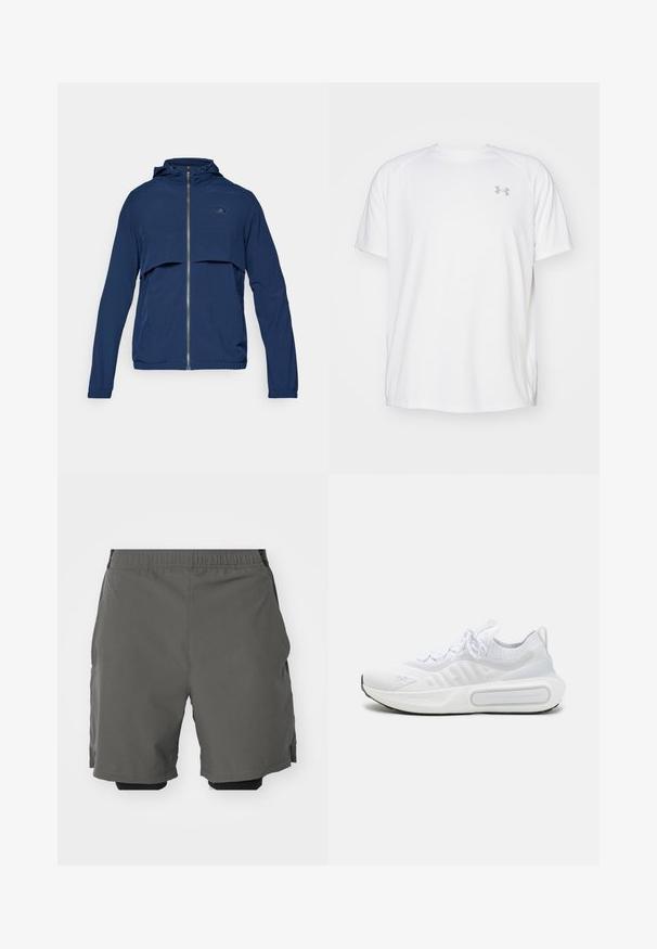 Navy blue zip-up jacket with a hood, featuring a half-zip design, elastic cuffs, and a subtle logo on the chest. Lightweight fabric.; White short-sleeve athletic shirt made of smooth fabric. Features a crew neck and gray logo on the left chest, with side slits at the hem.; Gray athletic shorts with a smooth, lightweight fabric and an elastic waistband, featuring inner compression shorts and side pockets.; White athletic shoe with a textured knit upper, lace-up closure, cushioned sole, and a distinctive branding detail on the side.