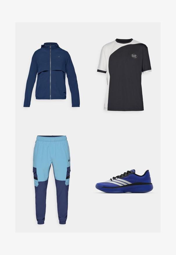 Mornarisch plavi dukserica na zip s kapuljačom, s polu-zatvaračem, elastičnim manžetama i diskretnim logotipom na prsima. Lagani materijal.; Majica kratkih rukava s dvobojnim dizajnom u crnoj i bijeloj boji, s glatkom teksturom i EA7 logotipom sprijeda.; Plave i mornarsko plave trenirke s elastičnim pojasom, bočnim džepovima i detaljima u stilu cargo. Izrađene od mekanog, prozračnog materijala.; adidas Performance ADIZERO SELECT 3.0 - Obuća za košarku - lucid blue/core black/metallic