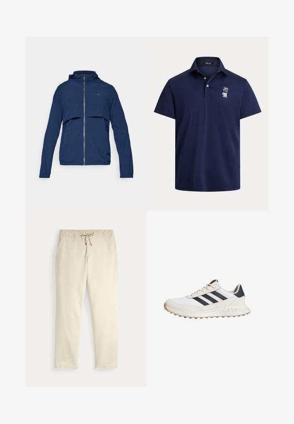 Granatowa kurtka z kapturem na zamek błyskawiczny, z półzamkiem, elastycznymi mankietami i subtelny logotypem na piersi. Lekki materiał.; Granatowa koszulka polo wykonana z miękkiego materiału, z kołnierzykiem na trzy guziki oraz małym haftowanym wzorem postaci na lewej piersi.; Casualne spodnie w kolorze off-white z elastycznym pasem i sznurkiem, proste nogawki i boczne kieszenie na jednolitym tle.; Białe buty sportowe z czarnymi paskami, z teksturowaną gumową podeszwą, gładką skórzaną cholewką i wyściełanym kołnierzem dla wsparcia.