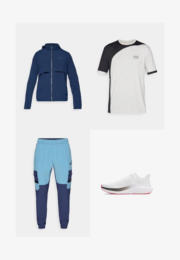 Chaqueta con cremallera en azul marino, con capucha, que presenta un diseño de media cremallera, puños elásticos y un logo sutil en el pecho. Tejido ligero.; Camiseta de manga corta con un diseño en bloques de color en blanco y negro, fabricada en tejido ligero. Incluye el logo de EA7 en el pecho.; Pantalones de chándal azul y marino con una cinturilla elástica, bolsillos laterales y detalles de estilo cargo. Fabricados con un tejido suave y transpirable.; Zapato deportivo con parte superior de malla blanca, mediado plateado y suela roja. Presenta cordones redondos y un collar acolchado para mayor comodidad.