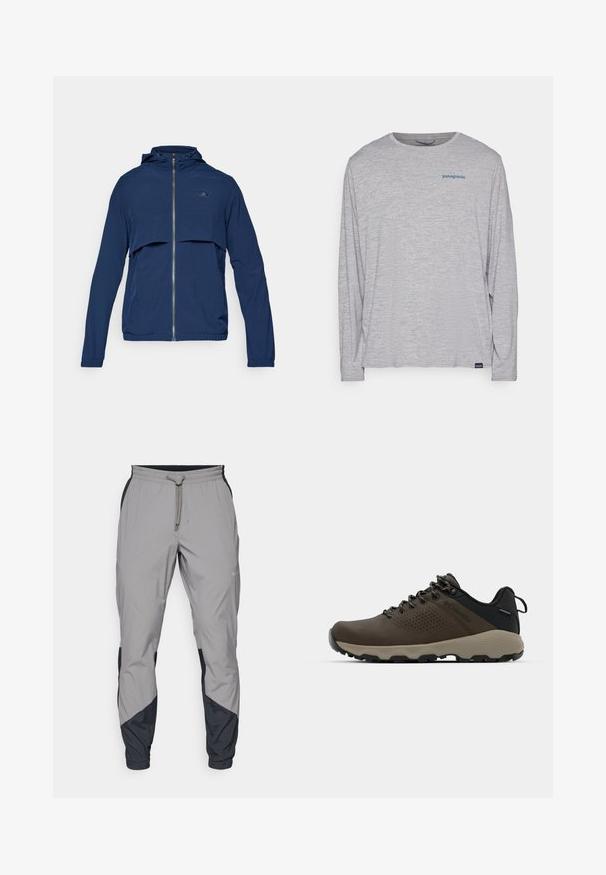 Navy blue zip-up jacket with a hood, featuring a half-zip design, elastic cuffs, and a subtle logo on the chest. Lightweight fabric.; Light gray long-sleeve t-shirt made of soft, textured fabric. Features a crew neck and a small blue Patagonia logo on the chest.; Lightweight, gray athletic pants with black accents. Elastic waistband, drawstring closure, tapered leg design, and side pockets.; Brown waterproof sneakers with a textured upper, perforated accents, black heel support, and a grey rubber sole. Laces are styled with metallic ends.