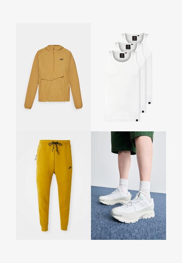 Lehká žlutá bunda s polozipem, velkou přední kapsou, nastavitelnou kapucí a elastickými manžetami. Vyrobena z hladkého, voděodolného materiálu.; Tři bílé žebrované tílka vyrobené z bavlny. Mají kulatý výstřih a malé černé štítky poblíž lemu. Dostupné v několika velikostech.; Nike jogger kalhoty v jasné hořčicové barvě, vyrobené z měkké tkaniny. Mají elastický pas s šňůrkou, boční zipové kapsy a zúžené nohavice.; Bílé sportovní boty s texturovanými překryvy, masivní podrážkou a šedými akcenty. Na nohou mají bílé ponožky a zelené šortky na modrém povrchu.