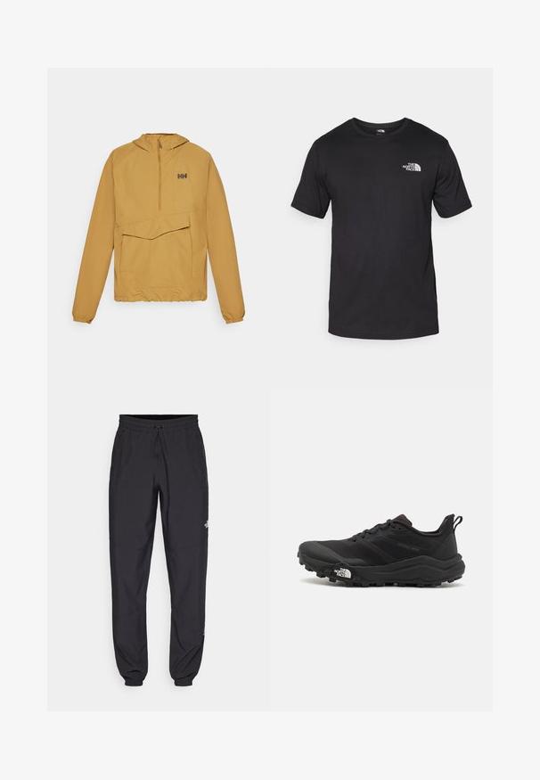 Casaco amarelo leve com fecho de meia-cremalheira, grande bolso frontal, capuz ajustável e punhos elásticos. Feito de material liso e à prova de água.; T-shirt preto de manga curta feito de algodão, com um decote redondo e um pequeno logótipo branco na parte superior esquerda do peito.; Calças atléticas pretas feitas de tecido leve, com um cós ajustável por cordão, bolsos laterais e punhos afunilados nos tornozelos.; Sapatilha de trail running preta com um upper texturizado, sola de borracha e biqueira reforçada. Possui um colarinho acolchoado e uma alça para facilitar o calçar.