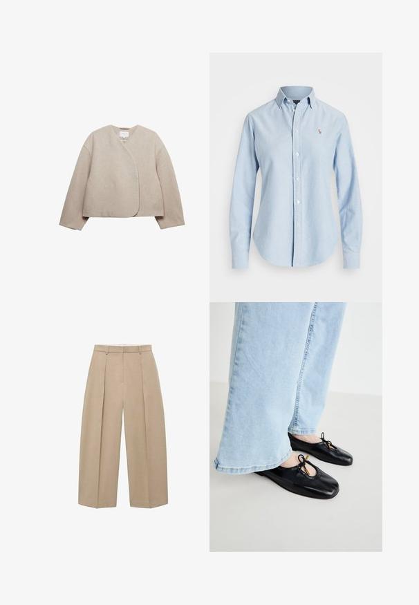Beige wikkeldoekjas gemaakt van zachte stof, met een v-hals, lange mouwen en een minimalistisch ontwerp zonder sluitingen of versieringen.; Lichtblauw overhemd van katoen, met lange mouwen, een puntkraag en een klein geborduurd logo op de linkerborst.; Beige, wijde broekhangend in verticale stijl, met voorklits en een platte tailleband, die een neutrale en elegante uitstraling laat zien.; Zwarte leren ballerina's met een ronde neus, voorzien van een uitsnede en strikdetail, gedragen met lichtblauwe wijdgesneden jeans.
