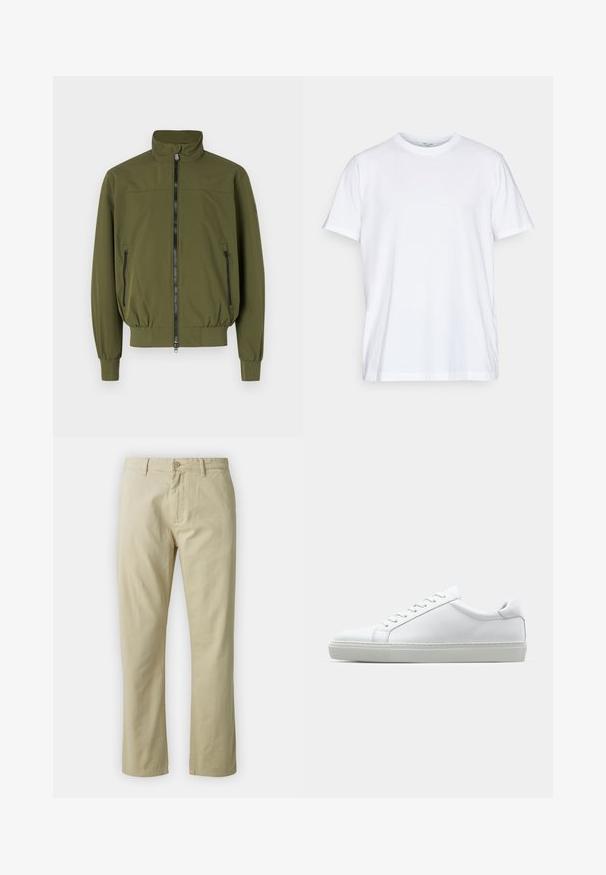 Olivengrønn jakke med ståkrage, glidelås foran og to sidelommer med glidelås; laget av glatt, lett stoff.; Hvit bomulls t-skjorte med korte ermer, rund hals og avslappet passform. Har et minimalistisk design, uten mønstre eller detaljer.; Beige bomullsbukser med rett ben-design, frontlukking med knapp og beltehemper. Jevn tekstur, ingen synlige mønstre eller detaljer.; Hvit sneakers med en glatt skinnoverdel og lav profil. Har en rund tå, seks snøring hull, og en teksturert gummisåle.