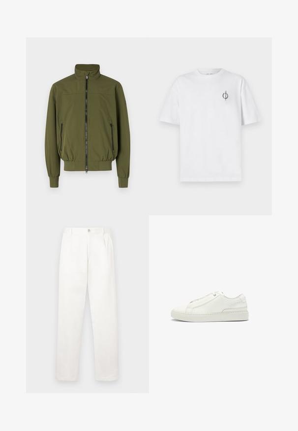Giacca verde oliva con collo rialzato, chiusura frontale con zip e due tasche laterali con zip; realizzata in tessuto liscio e leggero.; T-shirt in cotone bianco con vestibilità rilassata, presenta un piccolo logo grafico nero nella zona sinistra del petto. Maniche corte, collo a giro.; Pantaloni bianchi realizzati in tessuto liscio, con un design a gamba dritta, pieghe frontali e una chiusura a bottone singolo in vita.; Sneaker bianca in pelle con tomaia testurizzata, punta tonda, design minimalista e suola in gomma con dettagli cuciti.
