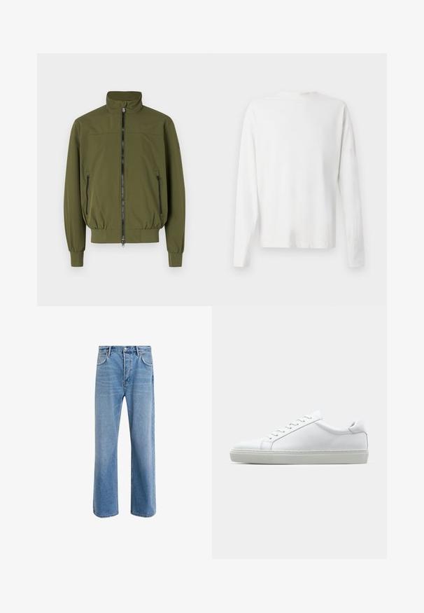 Olíva zöld kabát állógallérral, cipzáras elülső záródással és két oldalsó cipzáras zsebbel; sima, könnyű szövetből készült.; Hosszú ujjú fehér pamut ing kerek nyakkivágással, az alján oldalsó hasítékokkal és sima textúrával, hátulról bemutatva.; Világoskék farmernadrág, egyenes szárú fazonnal, öt zsebbel, gombos záródással, minimális kopással és kontrasztos varrással.; Fehér sportcipő sima bőr felső résszel és alacsony profilsal. Kerek orr, hat fűzőlyuk és barázdált gumitalp jellemzi.