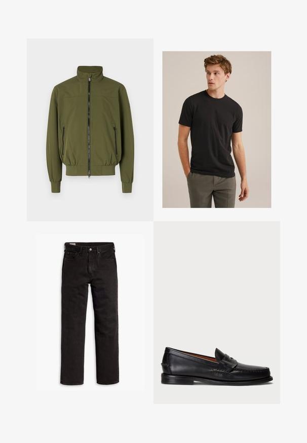 Jachetă verde măslin cu guler în picioare, închidere prin fermoar frontal și două buzunare laterale cu fermoar; confecționată dintr-un material neted, ușor.; Tânăr cu părul buclat de culoare brunet deschis, purtând un tricou negru cu mânecă scurtă și pantaloni gri, privind spre stânga cu mâinile în buzunare.; Jeans din denim negri cu picior drept, cu cinci buzunare, închidere cu nasture și bucle pentru curea, așezați plat pe un fundal alb.; Mocasini din piele neagră cu vârful rotunjit, detalii cusute și o curea decorativă în partea din față. Talpă plată cu un profil minim.