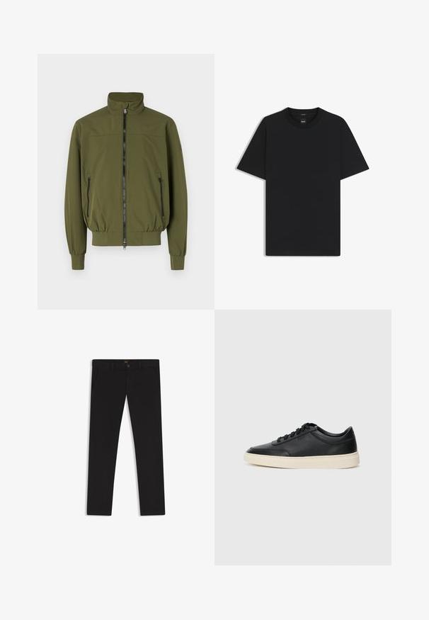 Olivegrüne Jacke mit Stehkragen, Reißverschluss vorne und zwei seitlichen Reißverschlusstaschen; aus glattem, leichtem Stoff gefertigt.; Schwarz T-Shirt mit kurzen Ärmeln aus einem glatten Baumwollmix, mit Rundhalsausschnitt und einem minimalistischen Design ohne Muster oder Akzente.; Schwarze Hosen aus einem Stoff mit glatter текстуре. Verfügt über einen Knopfverschluss, Gürtelschlaufen und Seitentaschen. Klassisches Design mit geradem Bein.; Schwarzer niedriger Ledersneaker mit schwarzen Schnürsenkeln und cremefarbenem Sohlenrand, seitlich auf weißem Hintergrund dargestellt.