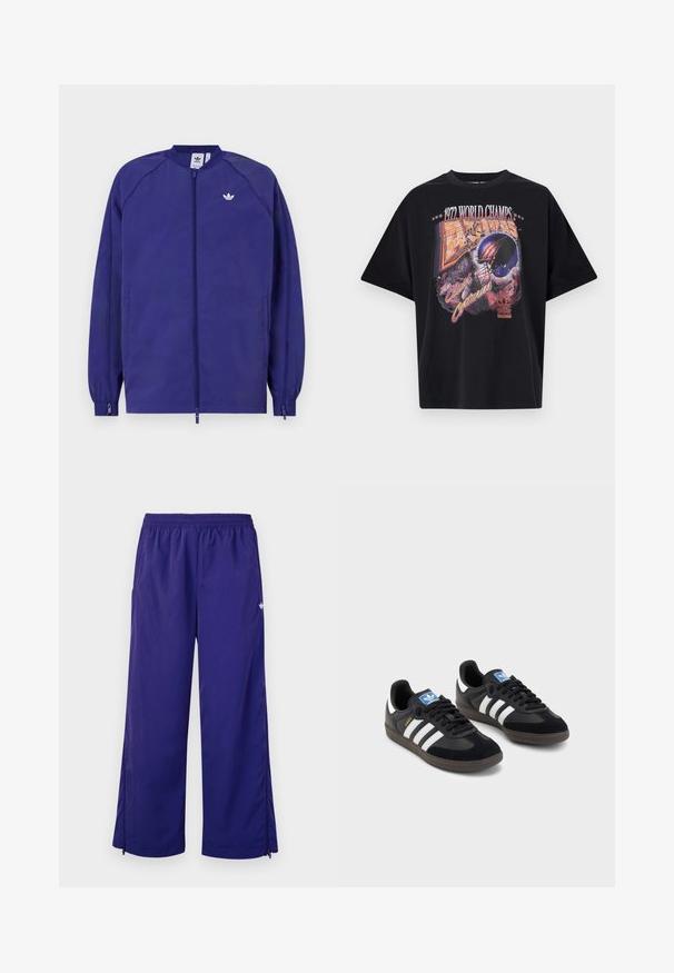 Fialová ľahká bunda so zipsom, elastickými manžetami a malým bielym logom na hrudi. Hladká textúra a neformálny dizajn.; Čierne bavlnené tričko s grafickým potlačou "1972 WORLD CHAMPS," dizajnom prilby a nápisom "The Clash of Centuries" v živých farbách.; Fialové, ľahké športové nohavice s elastickým pásom a bočnými zipsami pri koncoch nohavíc. Hladká textúra s jemným leskom.; Čierne tenisky so zvrškom z semišu a syntetického materiálu, s tromi bielymi pruhmi, štruktúrovanou gumovou podrážkou a modrou logovou etiketou na jazyku.