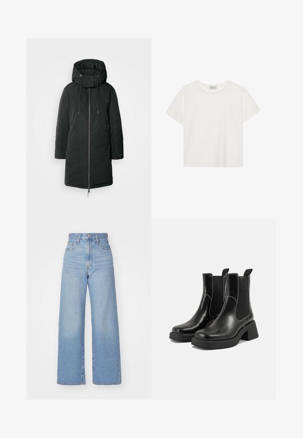 Svart polstret jakke med høy krage, snorhette og glidelås foran. Har sidelommer og rett snitt. Glatt tekstur.; Hvit T-skjorte med kort erm laget av myk bomull. Har rund hals og avslappet passform. Rent design uten synlige mønstre eller aksenter.; Lys blå høytlivs vide jeans med knapp- og glidelås lukking foran, foran og bak lommer, på en hvit bakgrunn.; Sorte lær Chelsea støvler med en kraftig hæl, elastiske sidepaneler og kontrasterende hvid syning. Teksturert overflate.