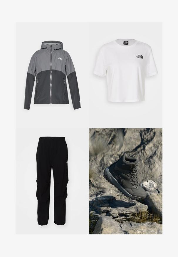 Casaco resistente à água em cinza e preto, com fecho frontal, capuz ajustável e dois bolsos laterais. Logotipo no peito.; T-shirt cropped branca feita de algodão com gola redonda e mangas curtas. Apresenta um logótipo preto no lado esquerdo do peito.; Calças exteriores pretas feitas de material durável, com um ajuste relaxado, cintura elástica e punhos ajustáveis para comprimento personalizável.; Botas de caminhada de cor cinza escuro, feitas de material sintético, com um colarinho acolchoado, ilhós de metal e sola de borracha texturizada para tração.
