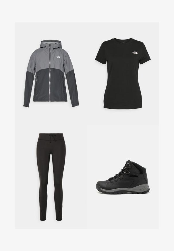 Water-resistant jacket in grey and black, featuring a zippered front, adjustable hood, and two side pockets. Logo on chest.; Black cotton t-shirt featuring a crew neckline and short sleeves. Notable white logo on the upper left side. Smooth texture, casual fit.; Black leggings with a high waistband, drawstring, smooth texture, and fitted design. Features stitching details along the sides.; Black hiking boot with a mid-top design, featuring a textured upper, gray accents, and durable rubber sole with traction lugs.