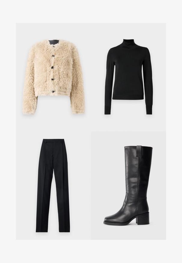 STAND STUDIO LUCINE JACKET - Ziemas jaka - black/off white; Melnas garām piedurknēm turtlenecks džemperis ar ribotām aprocēm un apakšmali, attēlots uz vienkārša balta fona.; Melnas bikses, izgatavotas no gludas auduma, ar augstu vidukli, platiem bikšu galdniekiem, priekšējiem krokām un klasiskām jostu cilpām. Sānu kabatas nav redzamas.; Melnas ādas augstas līdz ceļgaliem zābaki ar gludu tekstūru, kvadrātveida purngaliem, blokveida papēdi un sānu cilpu, ar minimālām šuvju detaļām.