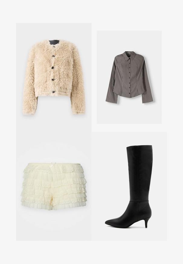 STAND STUDIO LUCINE JACKET - Zimní bunda - black/off white; Pruhovaná košile na knoflíky hnědé a bílé barvy, s dlouhými rukávy, špičatým límcem a zakřiveným lemem. Texturovaná látka s vertikálními pruhy.; Jaded London VANILLA RHEA BLOOMER - Šortky - cream; Anna Field Vysoká obuv - black