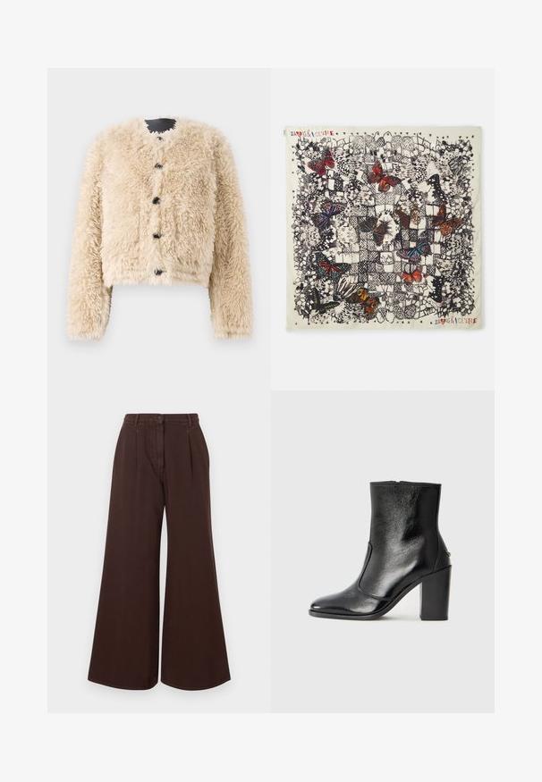 STAND STUDIO LUCINE JACKET - Winter jacket - black/off white; Brown long-sleeve button-up shirt with pointed collar and cuffs, displayed against a plain white background.; High-waist wide-leg brown pants with button and zipper closure, belt loops, and front pleats.; Black leather ankle boot with a smooth texture, pointed toe, and a chunky high heel. Features a side opening and minimalistic design.; Square silk scarf featuring detailed butterfly illustrations in various colors on a light background, with black outlines and decorative patterns.