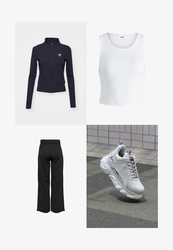 adidas Originals Spordijakk - black; Valge ribakujuline tank top, millel on ümmargune kaelus, varrukateta disain ja lühike pikkus. Silt ütleb "JJXX." Sile kangast tekstuur.; Mustad, laiad püksid elastse vöökohtaga, valmistatud siledast kangast. Omab lihtsat disaini, ilma taskute või nähtavate õmbluste detailideta.; Valge tenniseking, mis on valmistatud võrgu- ja nahamaterjalidest, ümardatud varbaga, paksu tallaga, silmapaistvate paeltega ning brändingu ja sildiga kandadel ja keeltel.