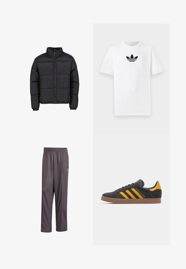 Black puffer jacket with a high collar, front zipper, and elastic cuffs. Features a quilted design with horizontal stitching. Lightweight material.; White cotton T-shirt featuring a black Adidas logo at the center. Short sleeves and a crew neck design. Smooth texture.; Gray athletic pants made of lightweight fabric. Features an elastic waistband and straight cut. Includes a small logo on the side.; Black suede sneaker with yellow accents, featuring three stripes and a brown rubber sole. Includes a padded tongue for comfort.