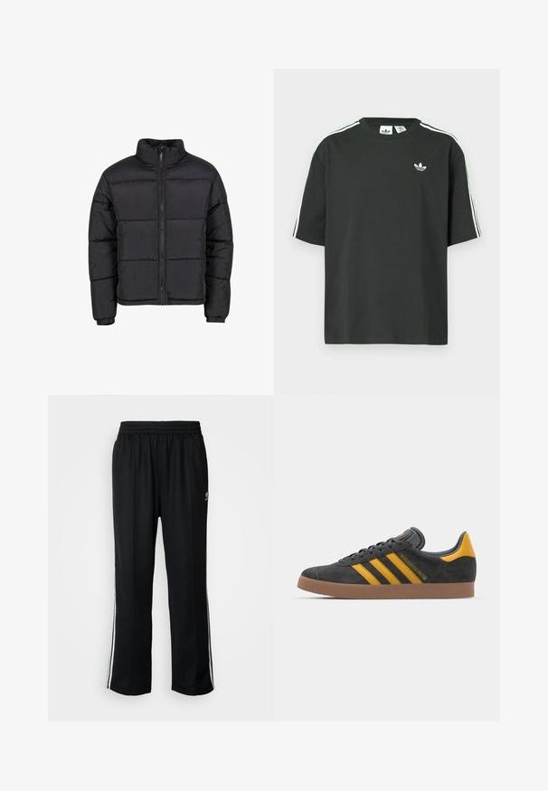 Geacă puf negre cu guler înalt, fermoar frontal și manșete elastice. Prezintă un design matlasat cu cusături orizontale. Material ușor.; Tricou negru din bumbac cu mâneci scurte, guler rotund și detalii albe cu trei dungi pe umeri. Prezintă un logo mic alb pe piept.; Pantaloni atletici negri cu talie elastică, având dungi albe pe laterale și un mic logo. Materialul pare moale și ușor.; Tenisi negri din suede cu accente galbene, având trei dungi și o talpă din cauciuc maroniu. Include un limba căptușită pentru confort.