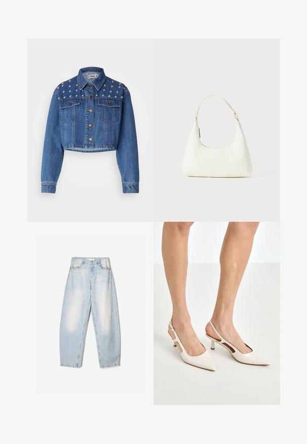 Közép kék, cropped farmerdzseki ezüst szegecsekkel a vállakon, fém gombos záródással és két elülső zsebbel. Sima textúra.; Fehér, klasszikus galléros, gombos ing, hosszú ujjaival és laza szabással. Könnyű anyagból készült, sima textúrával.; Világoskék farmernadrág, laza szabással, elhasználódott hatással, két elülső zsebbel és gombos zárással a derékrészen.; Beige patent bőr slingback magassarkúk hegyes orral és 5 cm-es sarokkal, kivágott oldalakkal és vékony bokapánttal.; Kicsi fehér válltáska egyetlen állítható pánttal és cipzárral, egy sima fehér háttér előtt.