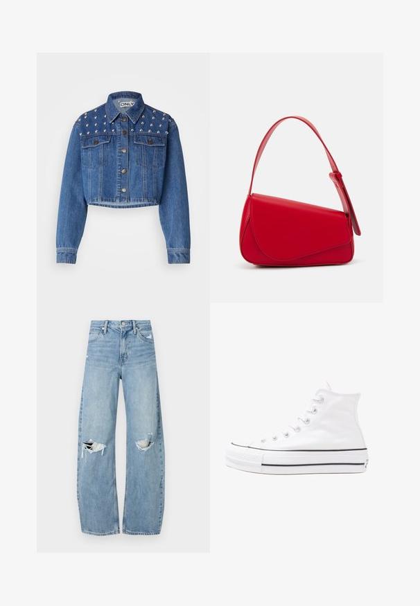 Jachetă din denim tăiată, de culoare albastru mediu, cu studuri argintii pe umeri, închidere cu buton metalic și două buzunare frontale. Textură netedă.; Tricou oversized negru featuring un grafic cu un urs și textul „NU E DRĂGUȚ DAR SUNT SĂLBATIC” în litere albe, îndrăznețe. Material din bumbac.; Jeans de denim, de un bleu deschis, cu talie înaltă. Au picioare late, două zone rupte la genunchi și un stil clasic cu cinci buzunare.; Adidași albi tip pantofi sport cu glezna din pânză, cu talpă din cauciuc negru, capac de vârf din cauciuc frontal și șase ochiuri pentru șireturi, având un design curat și minimalist.; Geantă de mână din piele roșie, cu un design unghiular și geometric. Dispune de o singură curea ajustabilă și un sistem de închidere cu clapetă, cu detalii cusute.