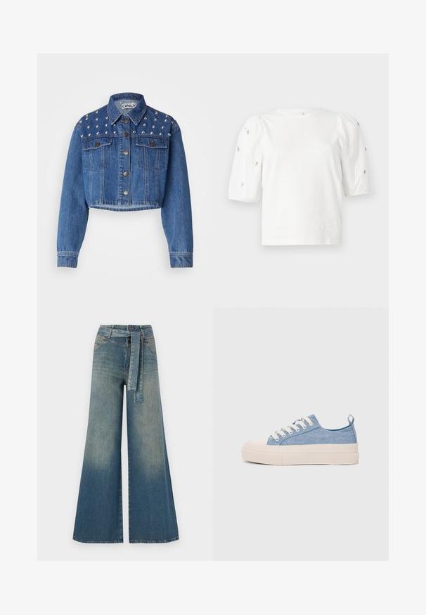Giacca di jeans tagliata di colore blu medio, con borchie argentate sulle spalle, chiusura a bottone metallico e due tasche frontali. Tessuto liscio.; T-shirt bianco in cotone con maniche corte a sbuffo, caratterizzato da piccoli dettagli argento lungo le maniche. Collo rotondo classico, vestibilità comoda.; Pantaloni in denim a gamba larga con una sfumatura che va dal blu chiaro al blu scuro, vita alta, passanti per cintura e una cintura in tessuto coordinato. Finitura in denim strutturato.; Sneakers di tela blu chiaro con punta e suola in gomma crema, dotati di lacci bianchi e un cinturino sul tallone.