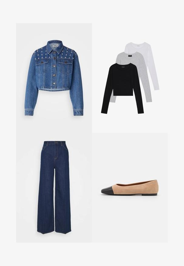 Keskmise sinise värvusega lühendatud teksajakk, millel on hõbedased nupukesed õlgadel, metallist nööp sulgemiseks ja kaks esikotti. Sile tekstuur.; Kolm pikkade varrukatega toppi, mis on üksteise peale asetatud: must, hall ja valge. Igal ühel on ümar kaelus ja lühike disain, valmistatud siledast, kergekaalulisest kangast.; Kõrge vöökohaga laiad tumesinised teksapüksid, millel on ees- ja tagataskud, nööpide sulgemine ning nähtavad õmblusdetailid.; Beežist nubukist balletkingad musta nahast ümara ninaotsaga, madala kanna ja siledaga, millel on minimaalne õmblus ja lihtne disain.