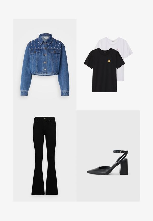 Chaqueta de denim recortada en azul medio, con tachuelas plateadas en los hombros, cierre de botón de metal y dos bolsillos frontales. Textura suave.; Camisetas en blanco y negro, de cuello redondo y mangas cortas. La camiseta negra presenta un bordado de sol amarillo; la blanca tiene un detalle de luna creciente en púrpura.; Jeans negros de cintura alta con cierre de botón y cremallera, bolsillos frontales y piernas acampanadas, dispuestos sobre un fondo blanco.; Zapato de tacón puntiagudo de cuero negro con tira en el tobillo y tacón ancho. Textura plana, diseño elegante y estética minimalista.