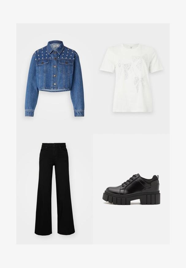 Cropped denim jacket in medium blue, featuring silver studs on shoulders, metal button closure, and two front pockets. Smooth texture.; White cotton t-shirt featuring rhinestone-embellished bows in various sizes and shapes across the front. Short sleeves and crew neckline.; Black wide-leg pants made of denim, featuring a structured waistband, belt loops, and front pockets. Smooth texture with a classic design.; Black leather platform shoes with a chunky block heel, round toe, and traditional lace-up design. Features smooth texture and minimal detailing.