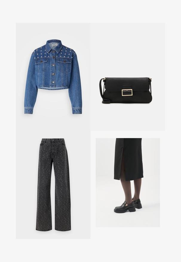 Giacca di jeans tagliata di colore blu medio, con borchie argentate sulle spalle, chiusura a bottone metallico e due tasche frontali. Tessuto liscio.; Top senza maniche bianco realizzato in tessuto a coste, caratterizzato da un collo arrotondato e una silhouette aderente, con cuciture minime e senza decorazioni.; Noisy May NMJANNEL LOOSE - Jeans baggy - black denim; Scarpe in pelle nera con punta arrotondata, tacco spesso a blocco e accenti laterali in elastico, abbinate a collant scuri e una gonna nera con uno spacco.; Borsa a mano in pelle nera con patta e dettaglio in metallo dorato. Include una tracolla nera e un design elegante e minimalista.