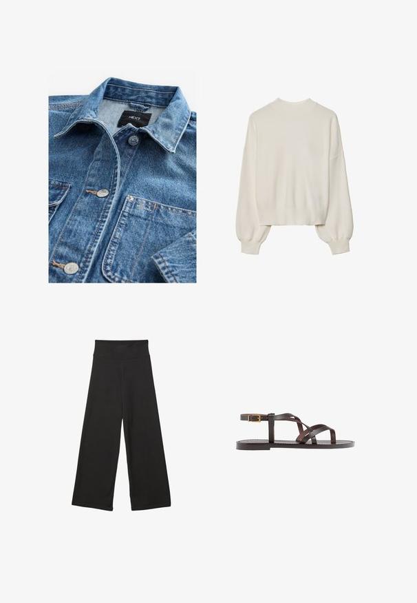 Chemise en denim bleu clair avec un col classique, fermeture à boutons sur le devant, deux poches poitrine et quincaillerie en acier inoxydable. Texture usée et détails de couture.; Pull en maille blanche avec col montant, texture côtelée et manches bouffantes. Longueur courte avec poignets ajustés. Design simple et uni.; Pantalons larges noirs avec une taille élastique haute, en tissu doux et avec un ajustement loose, adaptés pour une tenue décontractée ou des environnements relaxants.; Sandale en cuir marron avec des brides entrecroisées, une fermeture à boucle à la cheville et une semelle plate avec des détails de couture minimaux.