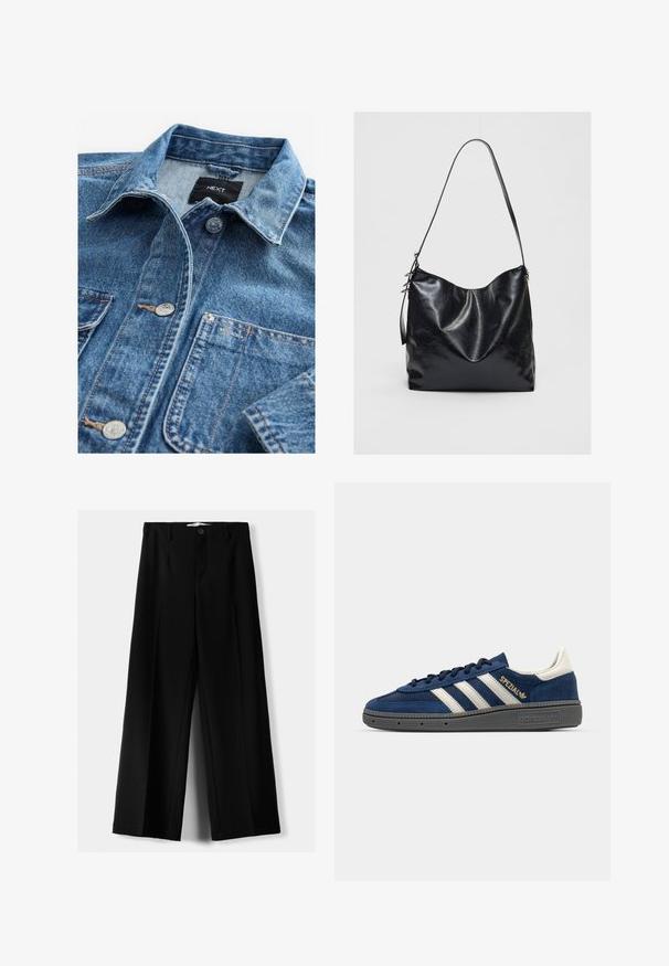 Helles blaues Denimhemd mit klassischem Kragen, vorderem Knopfverschluss, zwei Brusttaschen und silbernen Beschlägen. Abgestumpfte Textur und Nähdetails.; Schwarzes Langarm-Crop-Top aus leichtem Stoff, mit rundem Ausschnitt und taillierter Silhouette, sauberen Nähten und ohne Verzierungen.; Schwarze weite Hosen aus leichtem Stoff, mit einem Knopfverschluss vorne und flachem Bund, mit sorgfältig genähten Säumen.; Marineblaue Wildleder-Sneaker mit weißen Streifen, goldenen "Spezial"-Details, grauer strukturierter Sohle, abgerundetem Zehenbereich und passenden Schnürsenkeln. Klassisches Design.; Schwarze Leder-Schultertasche mit einer weichen, strukturierten Oberfläche. Sie hat ein geschwungenes Design und einen einzelnen verstellbaren Tragegurt. Kein zusätzliches Zubehör.