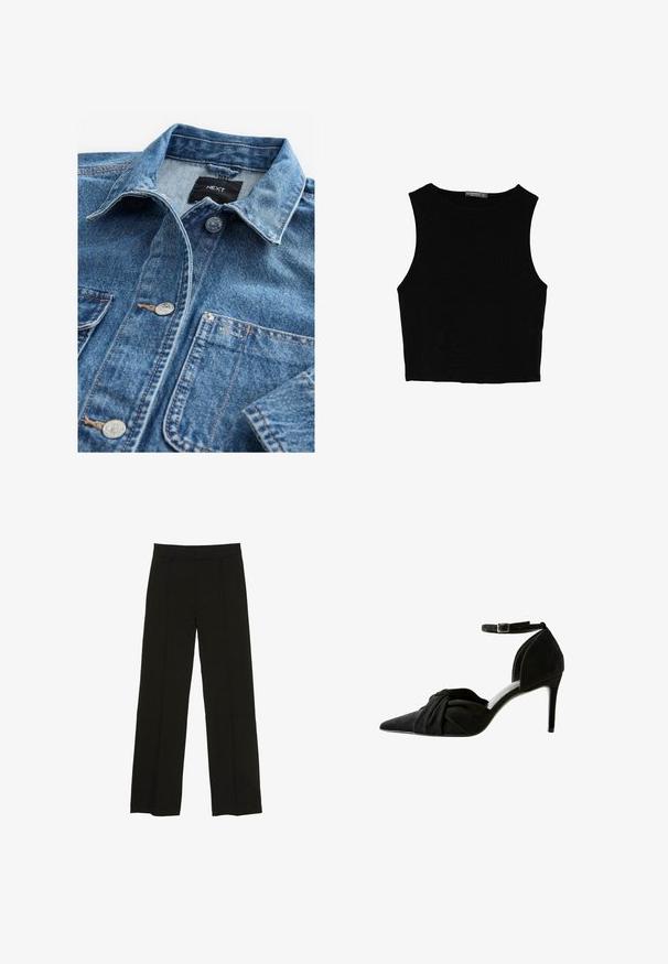 Helles blaues Denimhemd mit klassischem Kragen, vorderem Knopfverschluss, zwei Brusttaschen und silbernen Beschlägen. Abgestumpfte Textur und Nähdetails.; Schwarzes ärmelloses Crop-Top aus glattem Stoff, mit rundem Ausschnitt und einem klaren, schlichten Design ohne Muster oder Beschläge.; Schwarze weit geschnittene Hosen aus glattem Stoff, ausgestattet mit einem taillierten Bund und dezenten vorderen Falten für zusätzliche Struktur.; Schwarzer Wildleder-Pumps mit spitzem Zeh, geknotetem Detail an der Vorderseite, Knöchelriemen und dünnem Stiletto-Absatz.