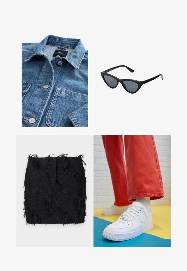 Camisa de mezclilla azul claro con collar clásico, cierre frontal de botones, dos bolsillos en el pecho y detalles de hardware plateado. Textura desgastada y detalles de costura.; Dos tops sin mangas de canalé y cuello alto en marrón y negro, exhibidos sobre un fondo blanco liso.; Falda negra texturizada con un diseño de flecos en capas y un dobladillo ligeramente irregular, hecha de una tela ligera.; Zapatilla de cuero blanco con caja de dedos perforada, suela texturizada y cordones blancos, combinada con pantalones rojos amplios y un fondo azul y amarillo.; Gafas de sol negras en forma de ojo de gato con lentes gris oscuro, marco de plástico elegante, esquinas puntiagudas y patillas rectas. Sin herrajes ni acentos visibles.; Bolso de mano de cuero burdeos con forma curva, acentos dorados en el herraje y cierre con cremallera. Incluye una correa de hombro desmontable.