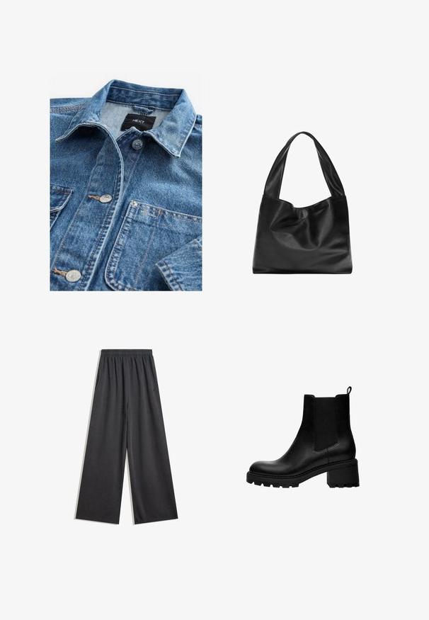 Világoskék farmering klasszikus gallérral, elöl gombos záródással, két mellzsebbel és ezüst színű fém kiegészítőkkel. Hasított textúra és varrási részletek.; Rövid ujjú fehér póló puha pamut anyagból, kerek nyakkivágással és laza fazonnal, egyenes aljjal, minta vagy grafika nélküli.; Fekete, széles lábú nadrág, puha anyagból, rugalmas derékpánttal és oldalzsebekkel. Simább textúra, látható minták vagy díszítések nélkül.; Fekete bőr bokacsizma kerek orral, elasztikus oldalsó panelekkel és tömör blokksarkú talppal. Texturált talp a tapadás érdekében.; Fekete bőrtáska puha, lazán lógó dizájnnal, széles fogantyúkkal és sima felülettel. Nincsenek látható fém alkatrészek vagy díszítések.