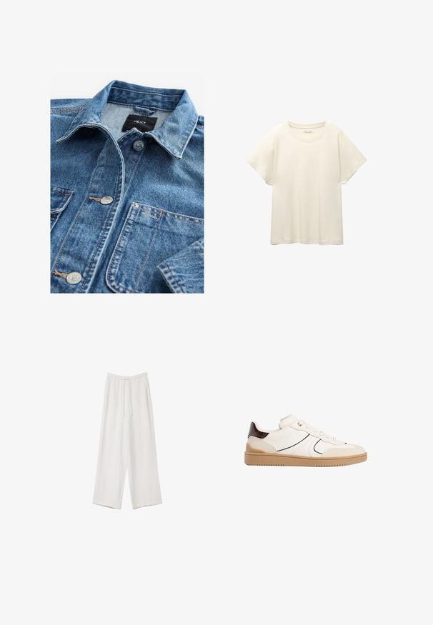Chemise en denim bleu clair avec un col classique, fermeture à boutons sur le devant, deux poches poitrine et quincaillerie en acier inoxydable. Texture usée et détails de couture.; T-shirt beige clair à manches courtes avec un col rond, fabriqué en tissu doux et lisse. Présente une coupe décontractée et un ourlet droit.; Pantalons larges blancs en tissu léger. Dotés d'une taille élastique avec cordon de serrage et de poches latérales. Texture lisse.; Stradivarius Baskets basses - white