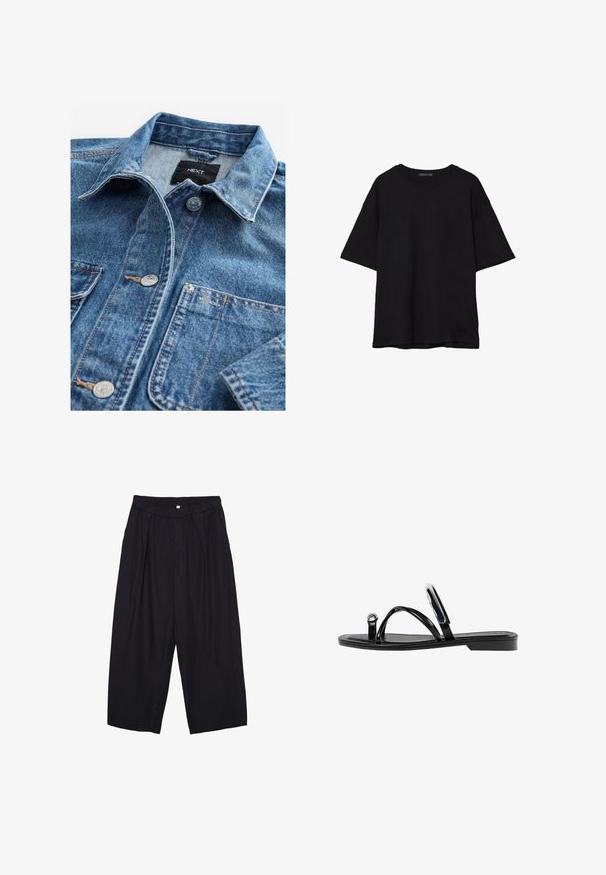 Chemise en denim bleu clair avec un col classique, fermeture à boutons sur le devant, deux poches poitrine et quincaillerie en acier inoxydable. Texture usée et détails de couture.; T-shirt noir en coton avec une coupe décontractée, des manches courtes, un col arrondi et une texture lisse. Pas de motifs ni d'accents visibles.; Pantalon culotte noir en polyester avec une taille élastique, deux plis avant et une silhouette ample. Pas de motifs visibles ni de détails matériels.; Sandales noires plates avec une finition brillante, trois fines lanières et un détail en métal circulaire au niveau des orteils. Design épuré avec un talon minimal.