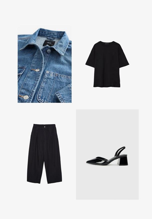 Vaaleansininen farkkupaita, jossa on klassinen kaulus, napitus edessä, kaksi rintataskua ja hopeiset yksityiskohdat. Kulunut pinta ja ompelutiedot.; Musta puuvillainen t-paita, jossa on rento leikkaus, lyhyet hihat, pyöreä pääntie ja sileä rakenne. Ei näkyviä kuvioita tai yksityiskohtia.; Musta polyesterinen culotte-housut, jossa on joustava vyötärö, kaksi etupleettiä ja löysä siluetti. Ei näkyviä kuvioita tai metallisia yksityiskohtia.; Mustat patentoitu nahkakengät, joissa on säären takaosa ja terävä kärki, sekä geometrinen palikkakorko. Sisältää tyylikkään, minimalistisen muotoilun ja sileän pinnan.