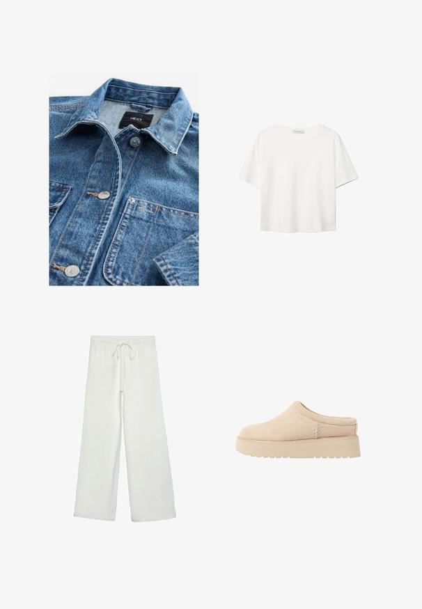 Helles blaues Denimhemd mit klassischem Kragen, vorderem Knopfverschluss, zwei Brusttaschen und silbernen Beschlägen. Abgestumpfte Textur und Nähdetails.; Weißes T-Shirt mit kurzen Ärmeln aus Baumwolle. Hat einen Rundhalsausschnitt und eine lockere Passform. Glatte Textur ohne sichtbare Muster oder Akzente.; Weiße, weit geschnittene Hose aus weichem Stoff. Mit einem elastischen Bund und einem Kordelzug sowie einer glatten Oberfläche. Keine sichtbaren Muster oder Hardware.; Beige Wildleder Slipper mit gerundeter Zehenpartie und dicker, strukturierter Plateausohle. Verfügt über minimale Nähte und ein sanftes Design.
