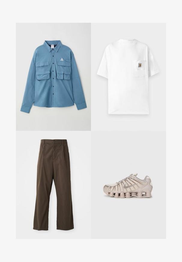 Blå langermet skjorte laget av myk stoff, med to brystlommer, knapplukking, krage og en logo triangulær detalj på brystet.; Hvit bomulls t-skjorte med rund hals, korte ermer og brystlomme med logo-patch. Minimalistisk design og sømløs tekstur.; Brune, vide bukser lavet af bomuld med en frontknaplukning, bæltestropper og en glat, mat tekstur.; Lys beige treningssko med overdel i mesh, strukturert design og en distinkt polstret såle med sylinderseksjoner.