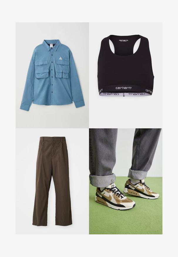 Mėlynas ilgos rankovės marškinėlis, pagamintas iš minkštos medžiagos, su dviem krūtinės kišenėmis, mygtukų uždarymu, apykakle ir logotipo trikampio akcentu ant krūtinės.; Juodas sportinis liemenukas su apvaliu iškirpimu ir lenktu gale dizainu. Yra sustiprinta juosmens juosta su balta "carhartt" ženklinimo. Minkštas audinio paviršius.; Rudi, plačios kojos kelnės, pagamintos iš medvilnės, su priekiniais mygtukais, diržo kilpomis ir lygiu, matinio paviršiaus tekstūra.; Nike Air Max 90 sportbačiai smėlio ir juodos spalvos, pagaminti iš akių ir odos medžiagų, matoma amortizacija ir juodi raišteliai.