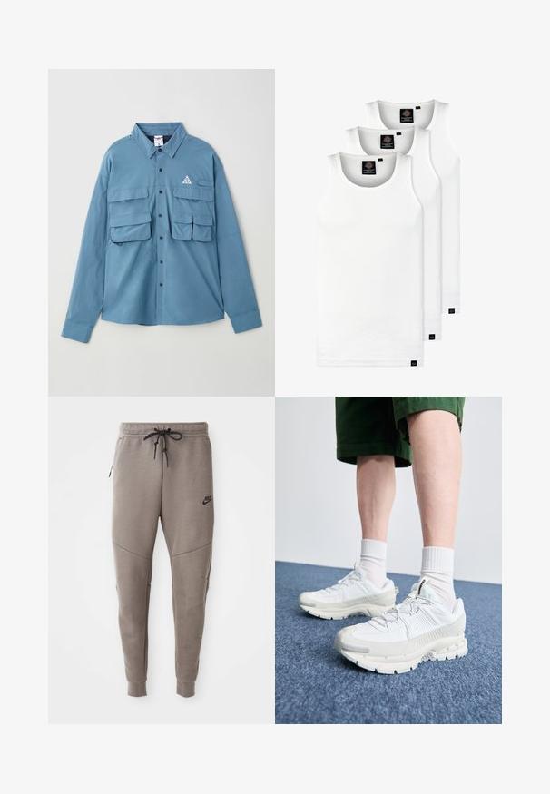 Puha anyagból készült kék, hosszú ujjú ing, két mellzsebkendővel, gombos záródással, gallérral és egy logó háromszög kiegészítővel a mellen.; Három fehér csíkos pamut trikó. Felső része kerek nyakkivágású, és a szegély közelében kis fekete címkék találhatók. Több méretben elérhető.; Szürke Nike melegítőnadrág húzózsinórral a deréknál, keskeny lábakkal, oldalsó zsebekkel és jellegzetes varrás részletekkel. Puha, texturált anyag.; Fehér sportcipők texturált burkolattal, vastag talppal és szürke részletekkel. Fehér sportzoknival és zöld rövidnadrággal viselve, kék felületen.