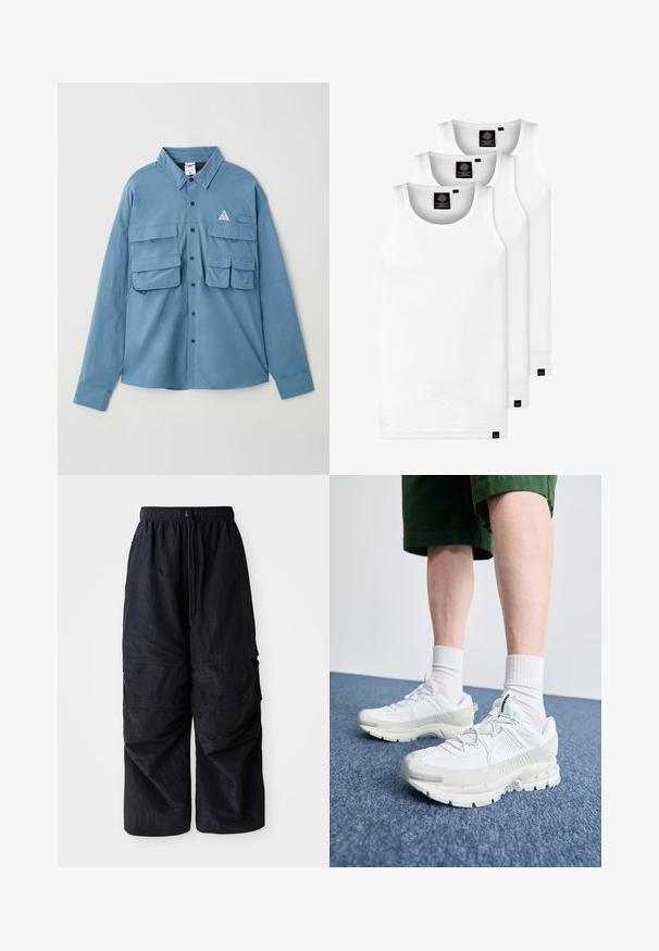 Zila garām piedurknēm krekls, izgatavots no mīksta auduma, ar divām krūšu kabatām, pogu aizdari, apkakli un logotipa trīsstūra akcentu uz krūts.; Trīs baltas ribotas krūšturi, kas izgatavoti no kokvilnas. Iezīmēti ar apaļu kakla izgriezumu un maziem melniem etiķetēm tuvu apakšmalai. Pieejami vairākos izmēros.; Melnas vieglas neilona cargo bikses ar elastīgu jostu, regulējamu auklu un vairākiem slāņotiem kabatām uz kājām.; Baltas sporta apavi ar teksturētām detaļām, masīvu zoli un pelēkiem akcentiem. Valkāti ar baltiem zeķu pēdu apģērbiem un zaļām šortiem uz zilas virsmas.