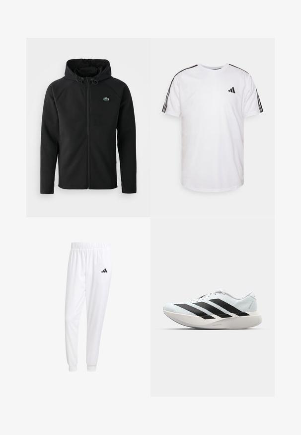 Jachetă neagră cu glugă, fabricată dintr-un material moale și elastic. Are un fermoar frontal, buzunare laterale și un mic logo verde Lacoste pe piept.; Tricou alb din bumbac, cu guler rotund, mâneci scurte și accente negre cu trei dungi pe umeri; prezintă un mic logo negru.; Pantaloni sport albi dintr-un material neted, cu un brâu elastic și mansete ajustate, având un logo negru pe buzunarul din spate.; Pantofi de alergare ușori în albastru deschis cu dungi negre. Au un superior neted, vârf rotund și o intermediară groasă albă etichetată "LIGHTSTRIKE PRO."
