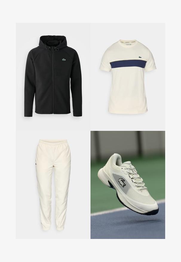 Juodas gobtuvinė striukė, pagaminta iš minkštos, tamprios medžiagos. Su priekiniais užtrauktukais, šoniniais kišenėmis ir mažu žaliu Lacoste logotipu ant krūtinės.; Kremo ir tamsiai mėlynas Lacoste marškinėliai su apvaliu iškirpimu, trumpomis rankovėmis ir horizontaliu spalvų blokavimu. Puošia žalias krokodilo logotipas.; Kreminės spalvos sportinės kelnės su elastinga juosta, siaurėjančiomis kojomis ir mažu tamsiai žaliu logotipu kairėje pusėje. Glaudus, lengvas audinys.; Balti sportiniai batai su tinkliniais viršutiniais, juodais akcentais, tekstūruotu padu ir išryškintu logotipu šone, eksponuojami prieš teismo foną.
